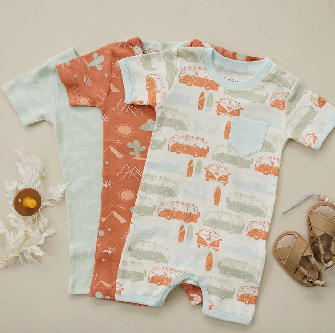 Organic Cotton Short Sleeve Romper - Vintage Bus