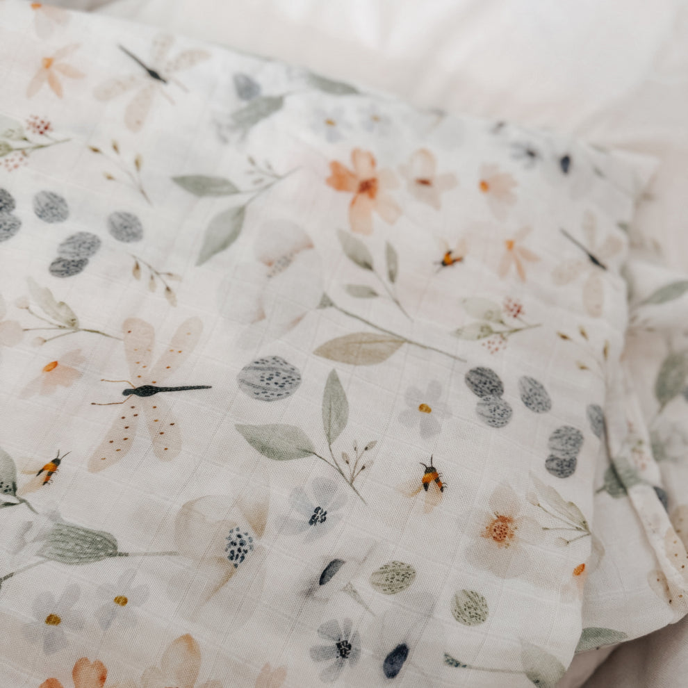 Bamboo & Muslin Swaddle | Floral Bees & Dragonflies