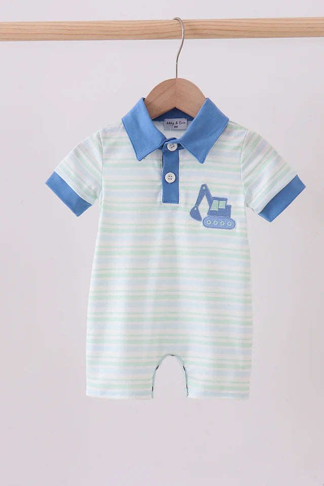 Blue Stripe Excavator Embroidery Romper