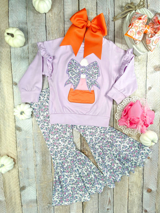 Purple Candy Corn & Bows Bell Bottoms Set: Halloween