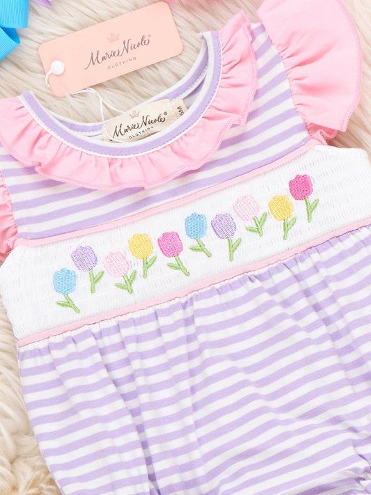 Tiny Spring Blossoms Smocked Ruffle Bubble