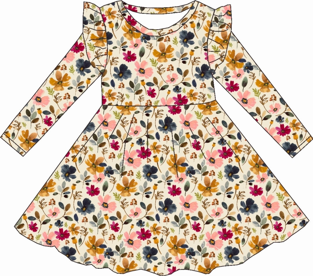 Watercolor Floral Bamboo Ruffle Dress
