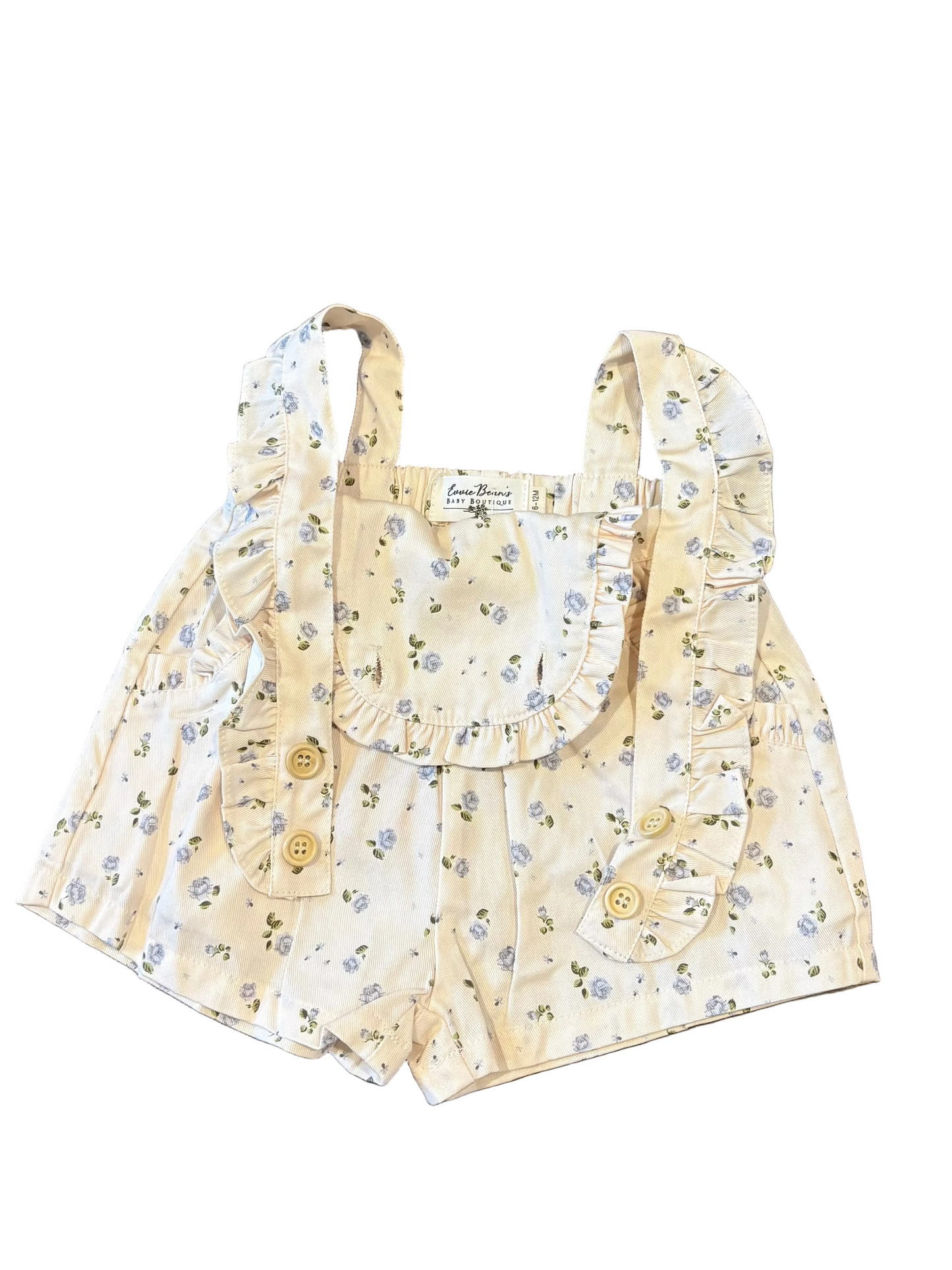 Ruffle Trim Floral Denim Shortalls