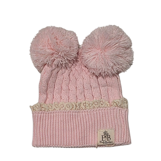 Lace Trim Double Pom Knit Beanie