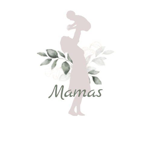 Silhouette of a mother lifting her baby with green leaves and the word Mamas, baby boutique theme