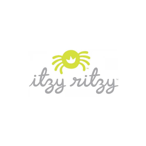 Itzy Ritzy logo with green spider and gray script text on white background