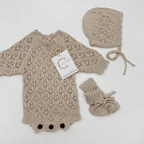 Lacy Vintage Pearl Romper + Bonnet