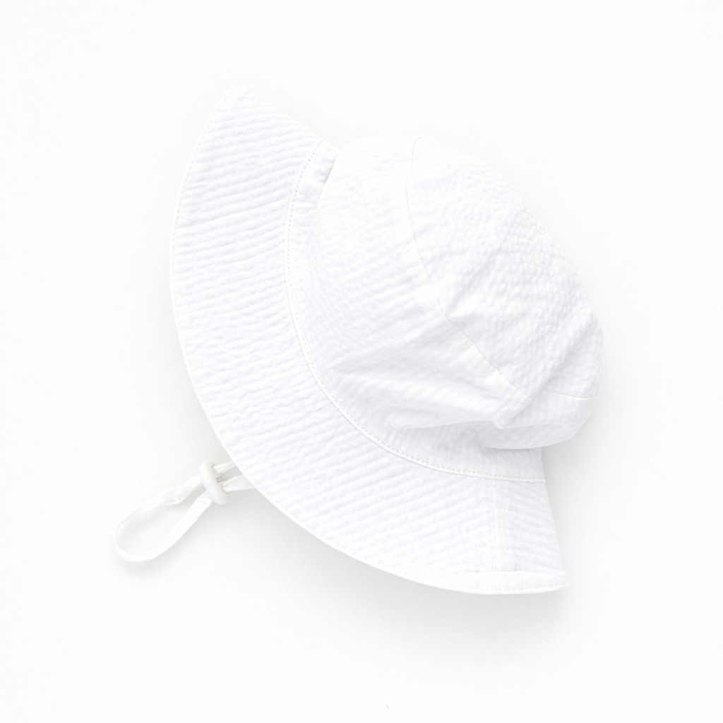 White Seersucker Bucket Hat UPF 50+ with Adjustable Breakaway Strap