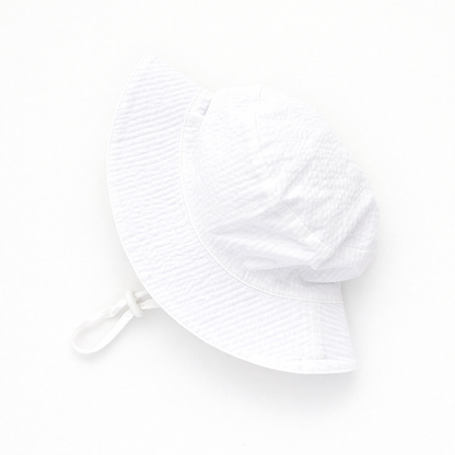 White Seersucker Bucket Hat UPF 50+ with Adjustable Breakaway Strap