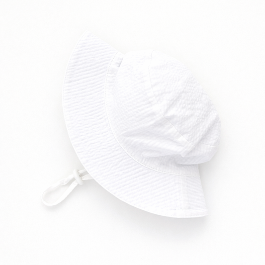White Seersucker Bucket Hat UPF 50+ with Adjustable Breakaway Strap