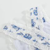 Blue Floral and Bow Print Apron Ruffle Romper