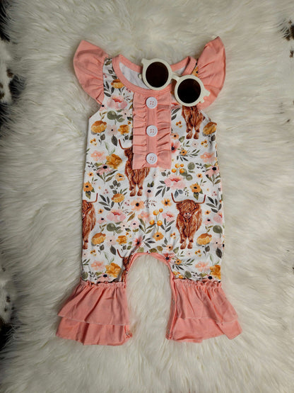 Ruffle Baby Romper - Floral Cow Design