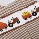 Brown Gingham Pumpkin and Corn Tractor Smocked Overalls