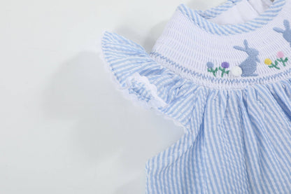 Light Blue Seersucker Easter Bunny Smocked Bishop Dress