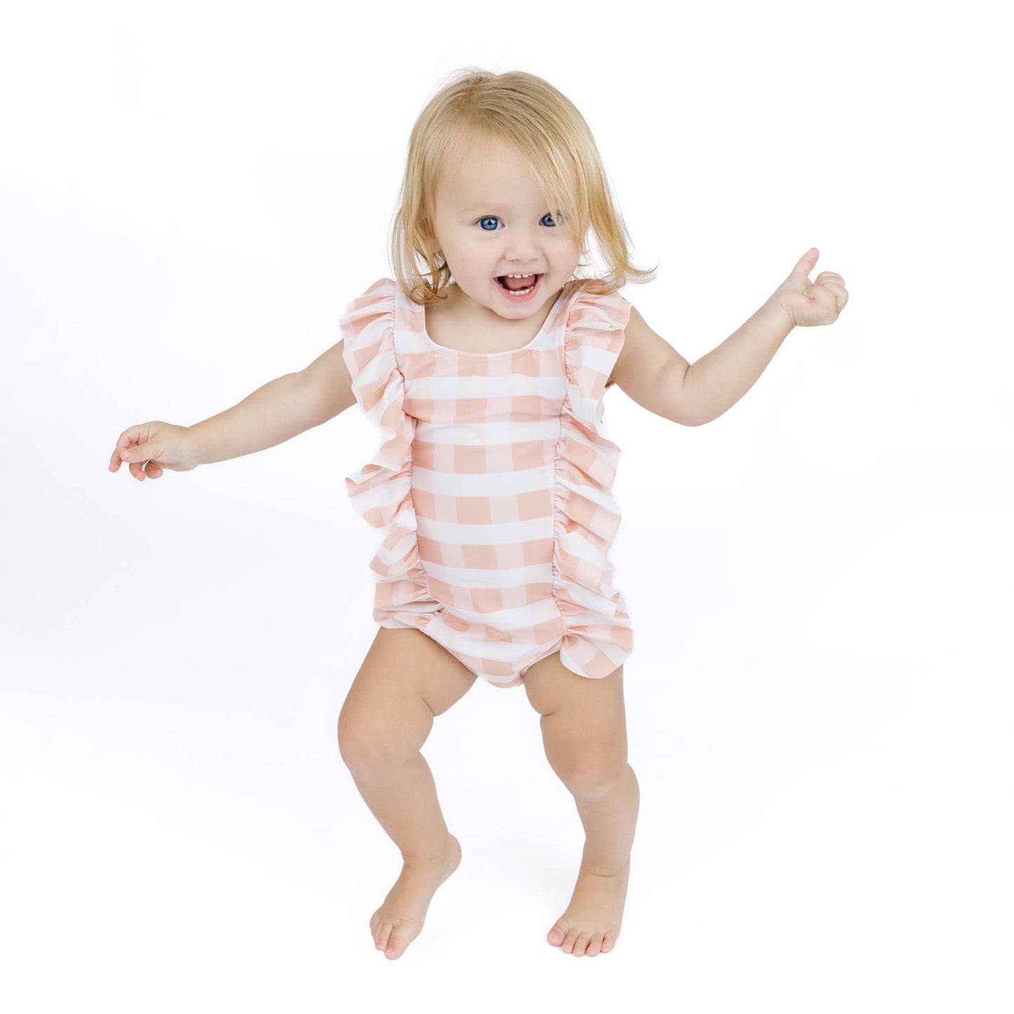 Pink Gingham Ruffle Front One Piece Girls Swimsuit