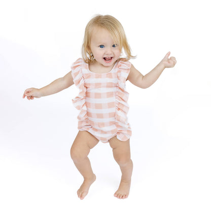 Pink Gingham Ruffle Front One Piece Girls Swimsuit