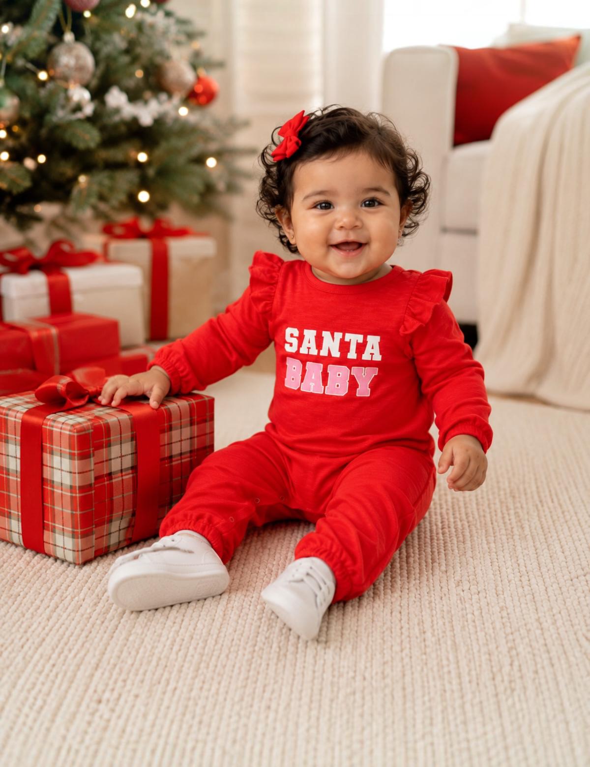 Santa Baby Red/Pink / Organic Long Sleeve Ruffle Jumpsuit