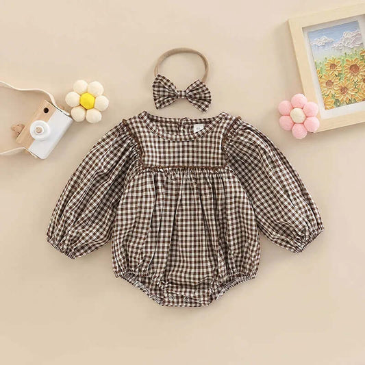 Coffee and Cream Plaid Bubble Romper Set