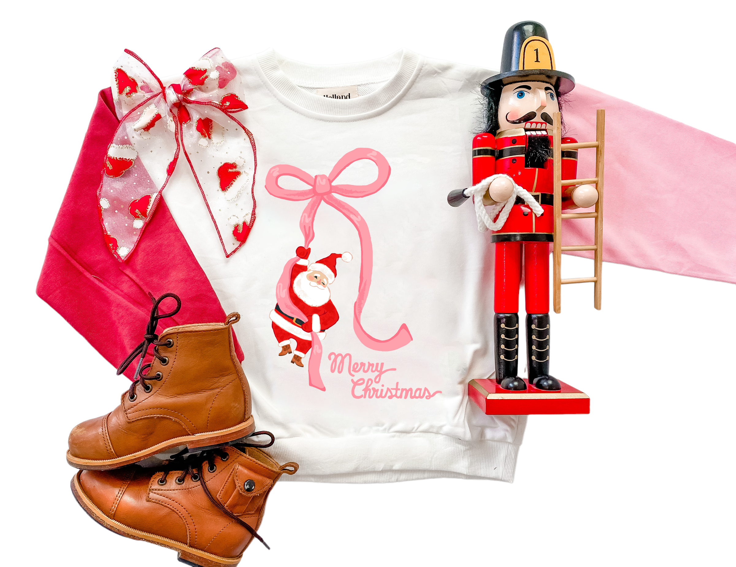 Santa Bow | Infant and Girls Christmas Sweatshirt Pink Red Sleeves