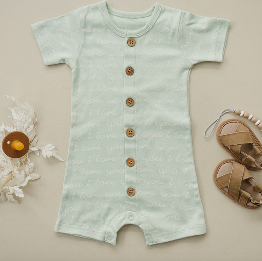 Organic Cotton Short Sleeve Romper - I LOVE YOU Green