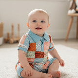Blue Patchwork western printed romper