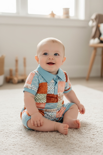 Blue Patchwork western printed romper