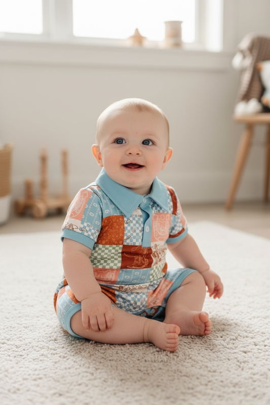 Blue Patchwork western printed romper