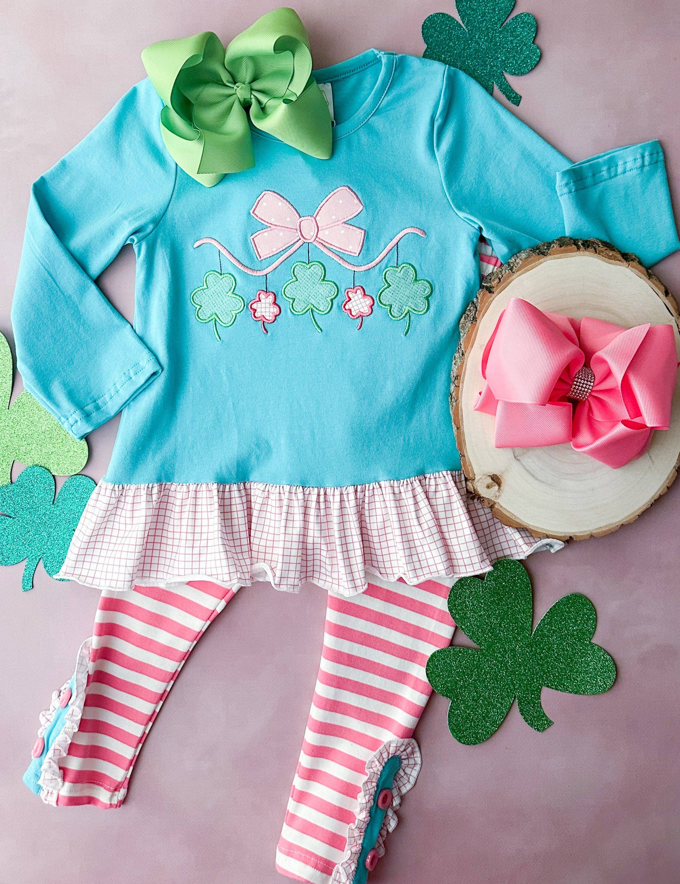 Embroidered Clovers with Striped Leggings Set