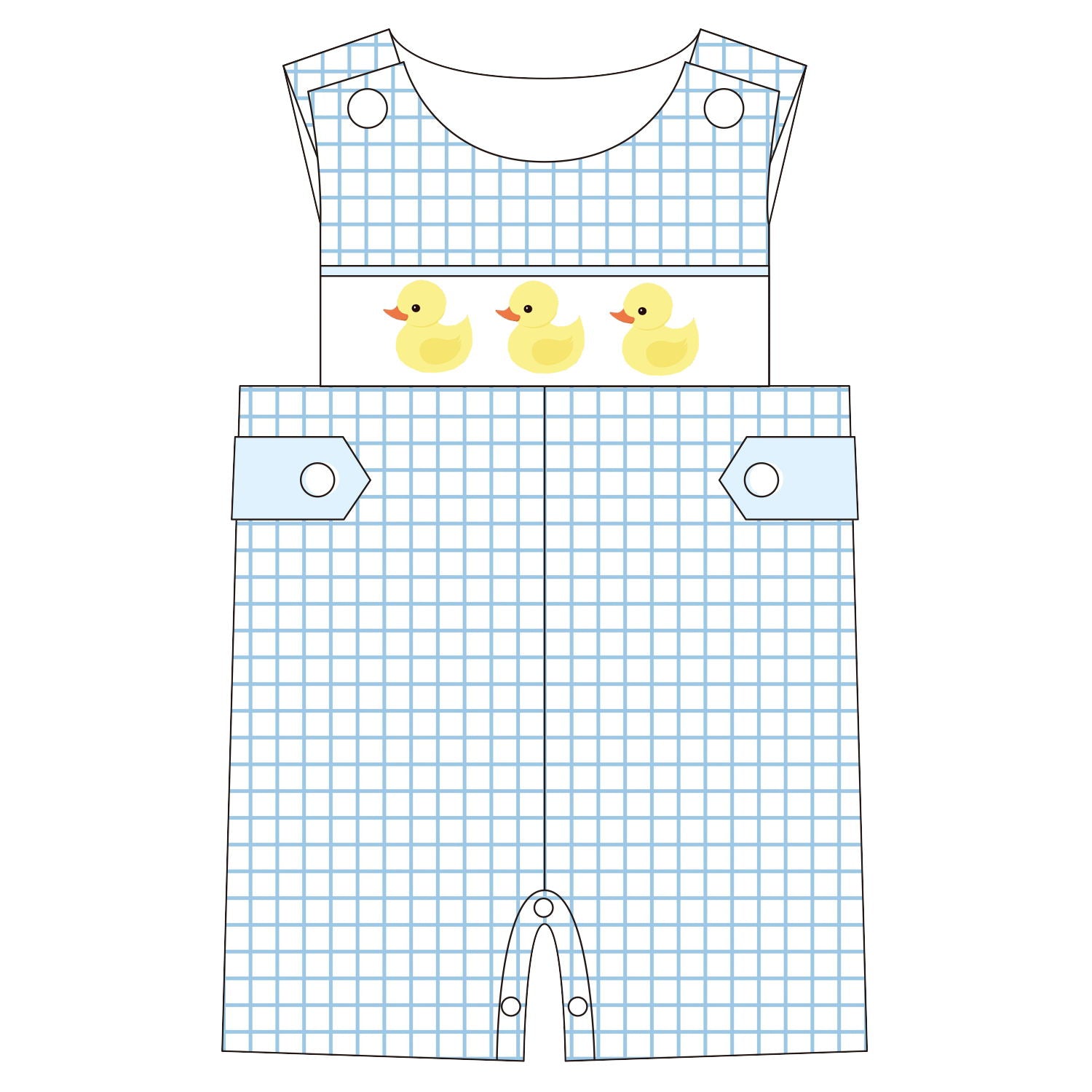Children's overalls with duck design on a white background
