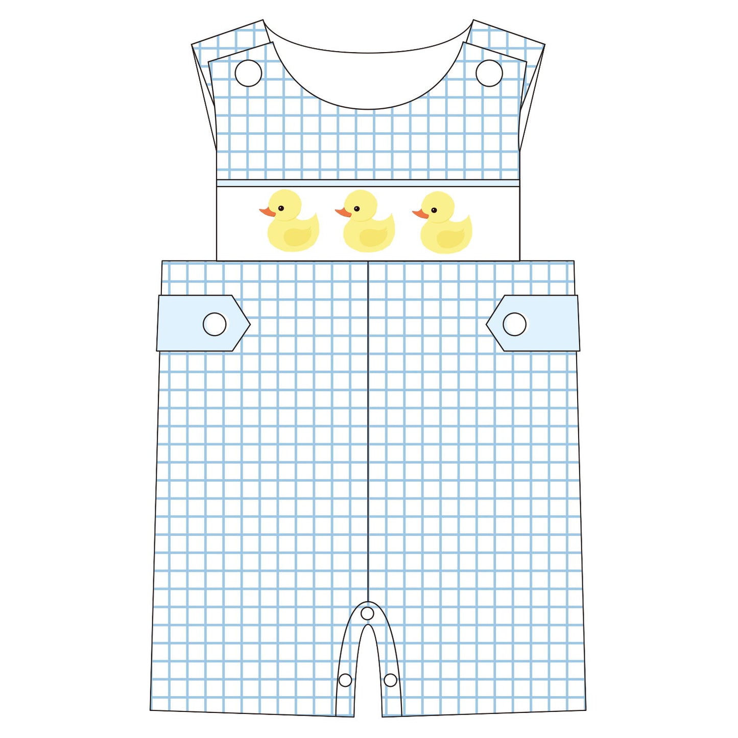 Children's overalls with duck design on a white background