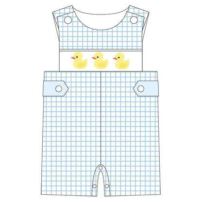 Children's overalls with duck design on a white background