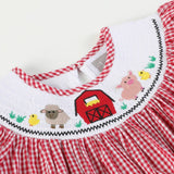 Red Gingham Barn Animals Smocked Bishop Dress