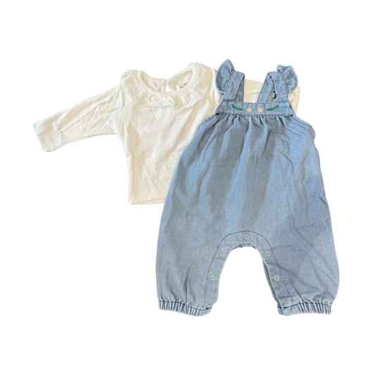 Everly Two-Piece Denim Romper & Ribbed Lace Shirt