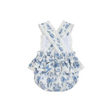 Blue Floral and Bow Print Apron Ruffle Romper