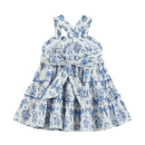 Blue Floral and Bow Print Layered Sundress