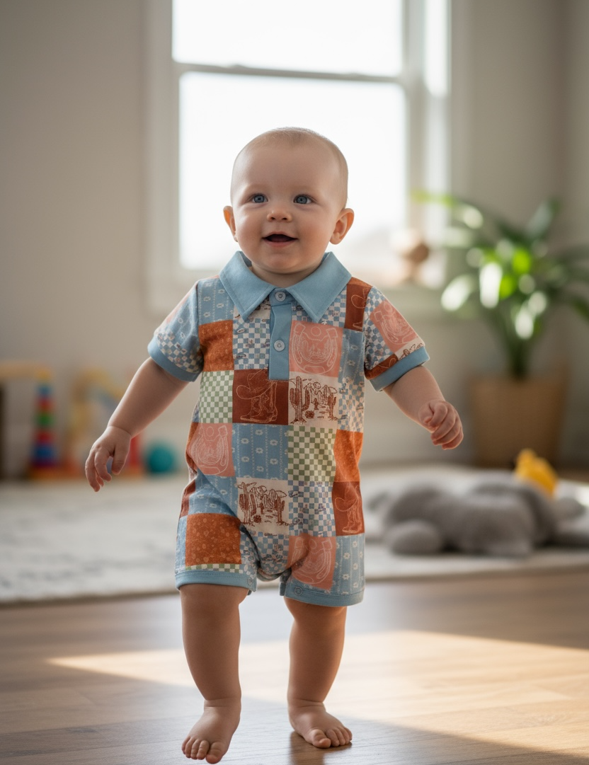 Blue Patchwork western printed romper