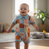 Blue Patchwork western printed romper