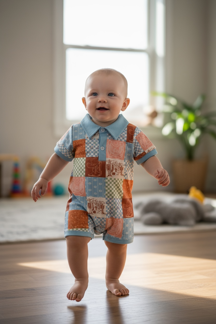 Blue Patchwork western printed romper