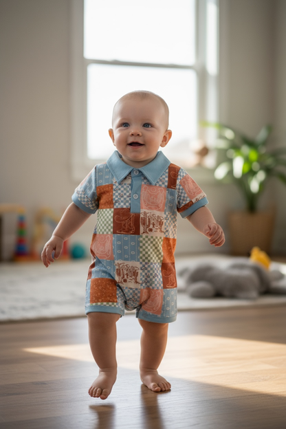 Blue Patchwork western printed romper
