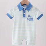 Blue Stripe Excavator Embroidery Romper