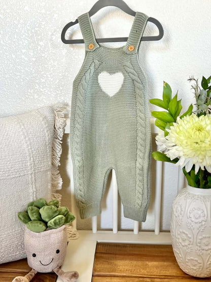 Heart- Knit Sage Overalls - Evvie Bean's Baby Boutique