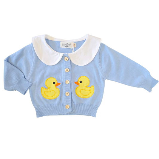 Light blue cardigan with yellow duck appliqués on a white background