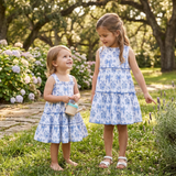 Blue Floral and Bow Print Layered Sundress
