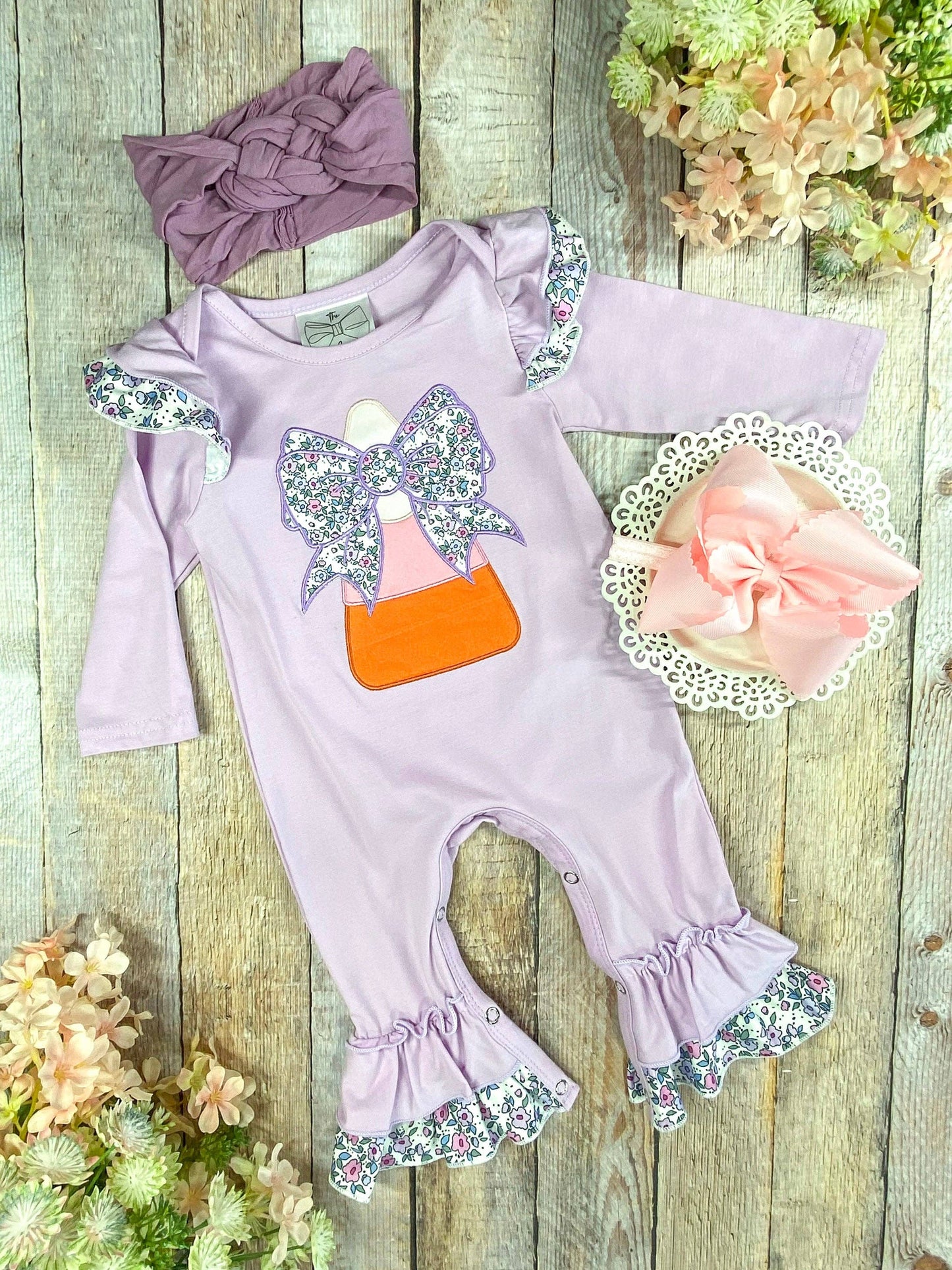 Purple Candy Corn & Bows Infant Romper: Halloween