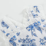 Blue Floral and Bow Print Apron Ruffle Romper