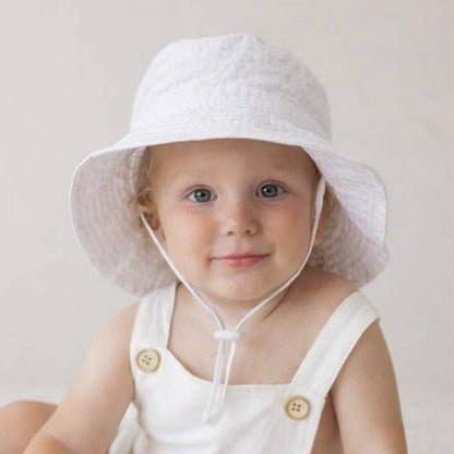 White Seersucker Bucket Hat UPF 50+ with Adjustable Breakaway Strap