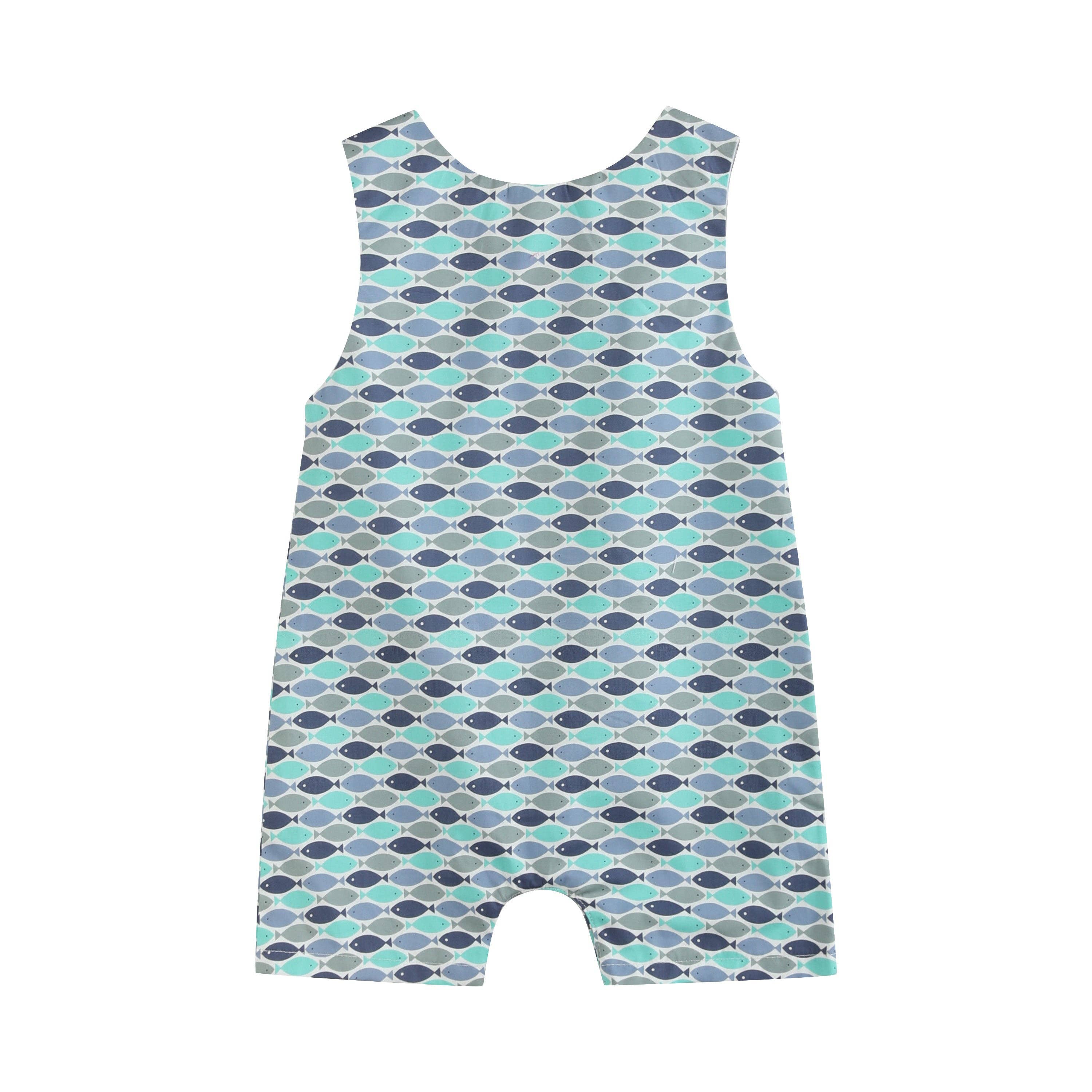 Blue Green Fish Print Shortalls