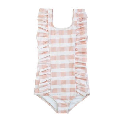 Pink Gingham Ruffle Front One Piece Girls Swimsuit