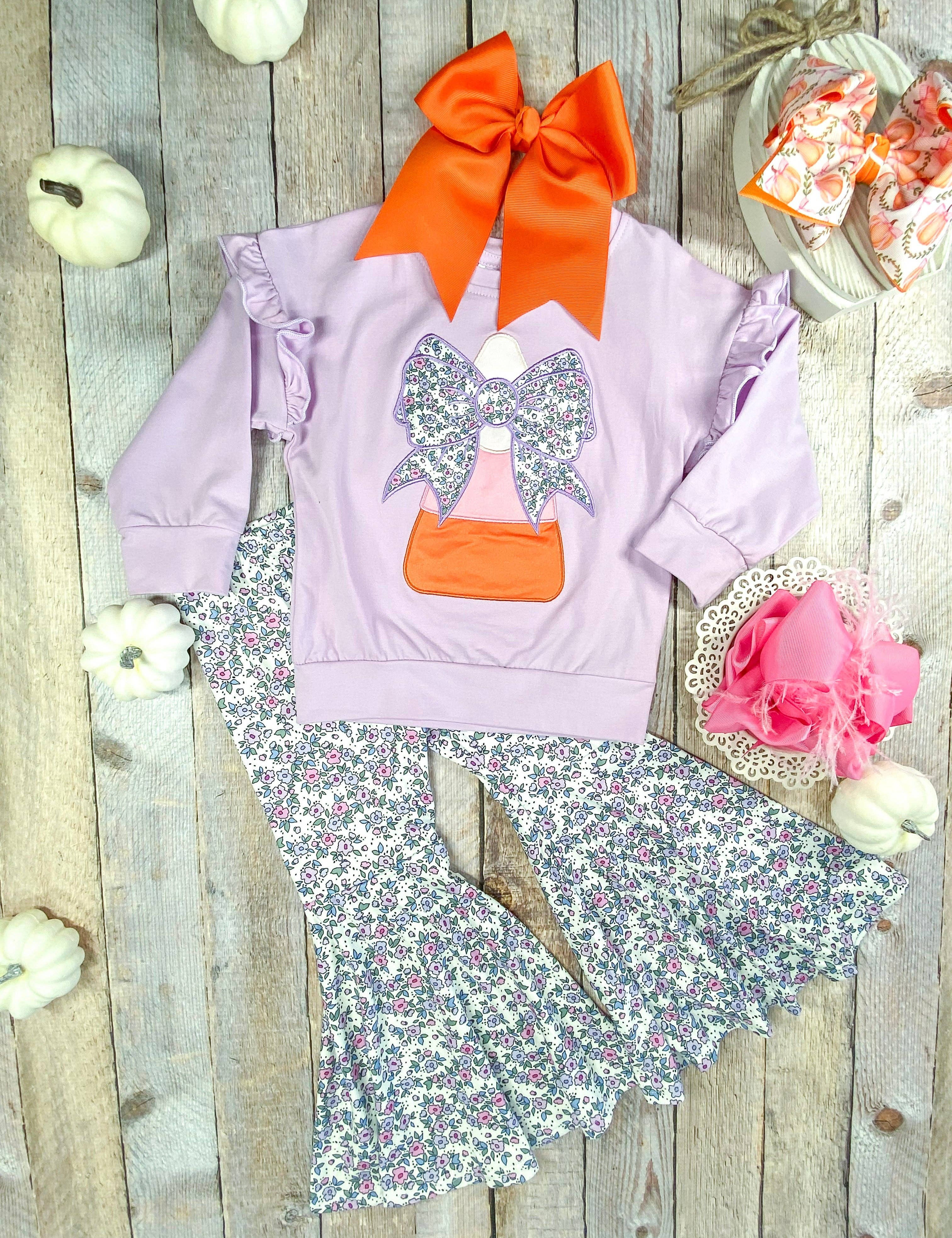Purple Candy Corn & Bows Bell Bottoms Set: Halloween