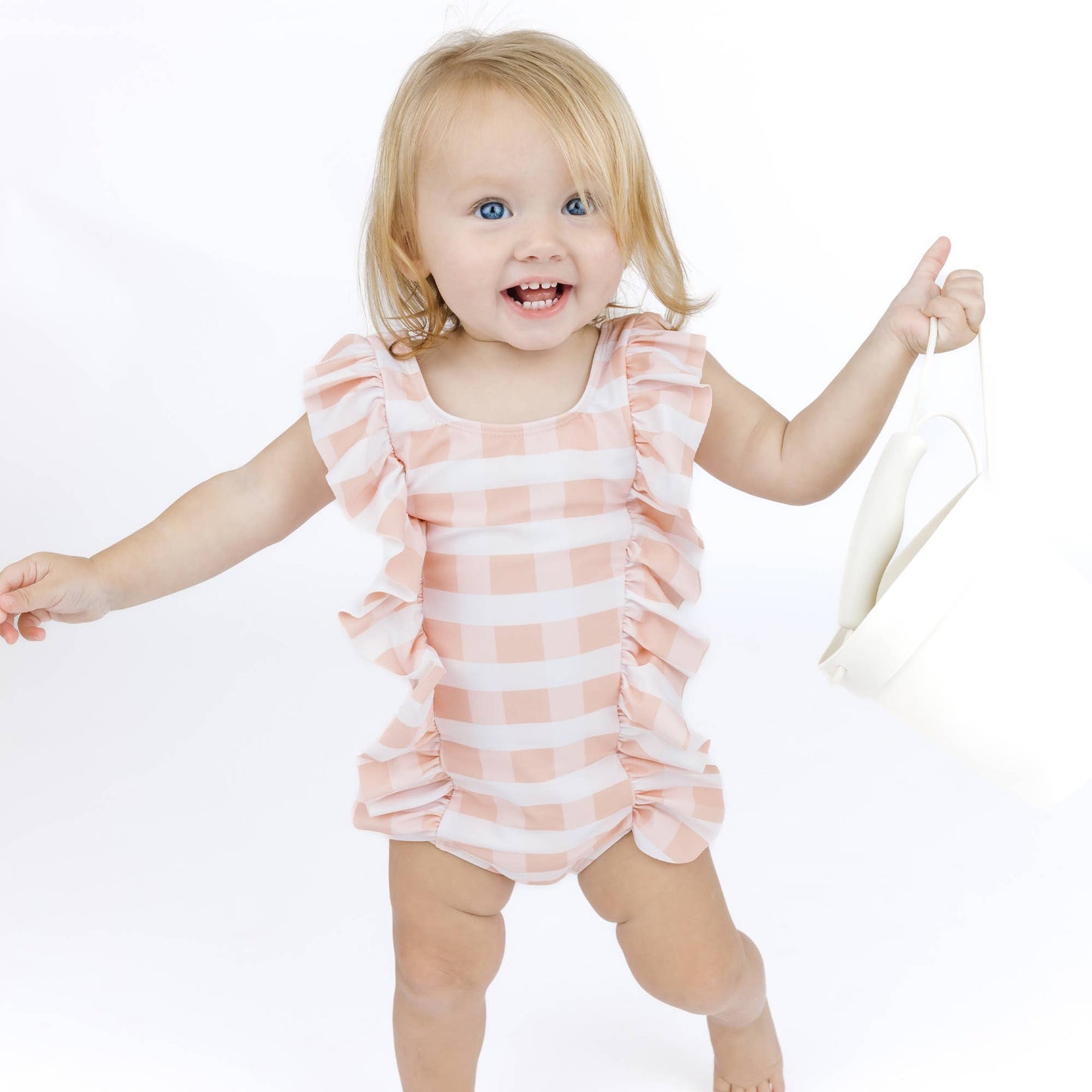 Pink Gingham Ruffle Front One Piece Girls Swimsuit